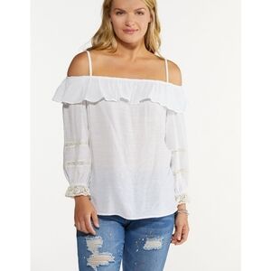 Cato Women's Plus Off the Shoulder White Strappy Tunic Flounce Blouse 3X